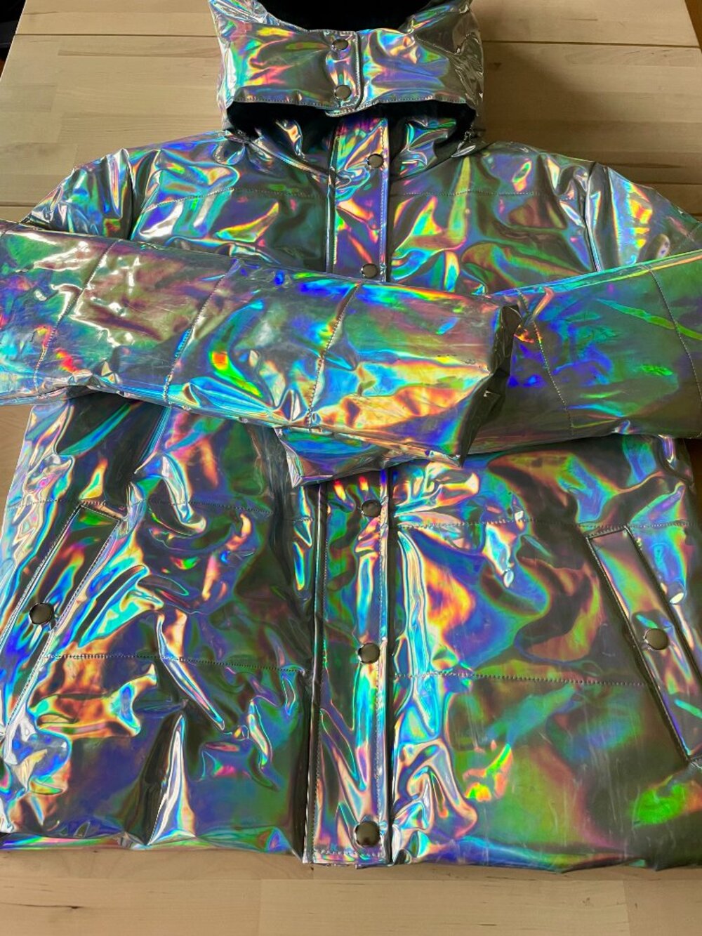 Dolls Kill Club EXX Women's Iridescent Puffer Jacket w/ Horned Hood size SM NWOT - Picture 2 of 13